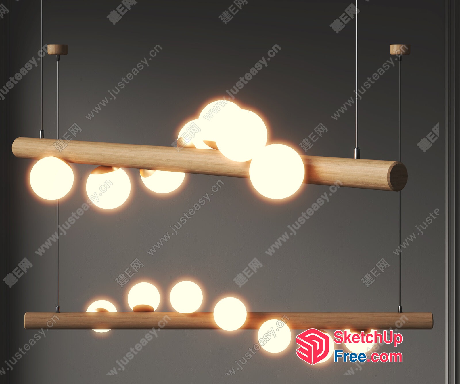 Modern Hanging Light Fixture With Wooden Beams And Glass Balls 3D SketchUp File