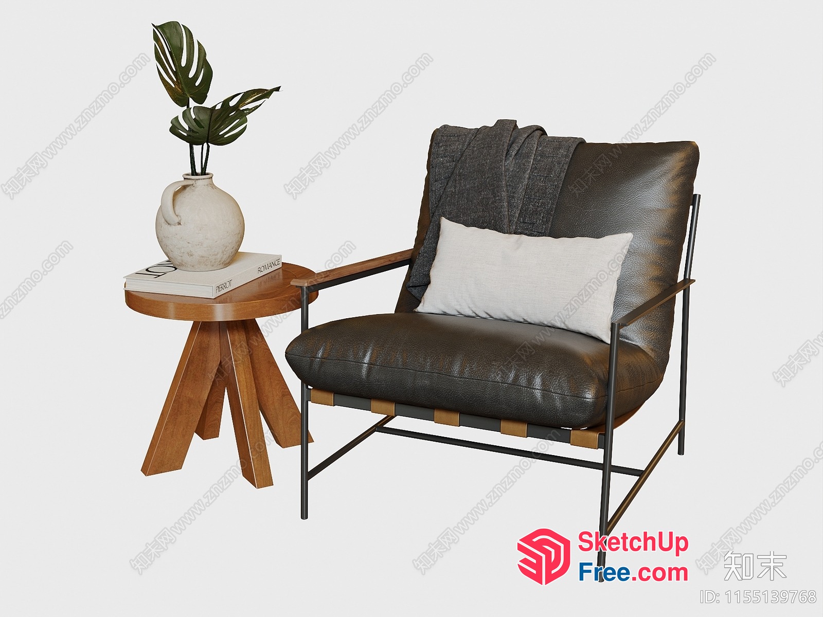 Comfortable Leather Chair With Wooden Side Table 3D SketchUp File