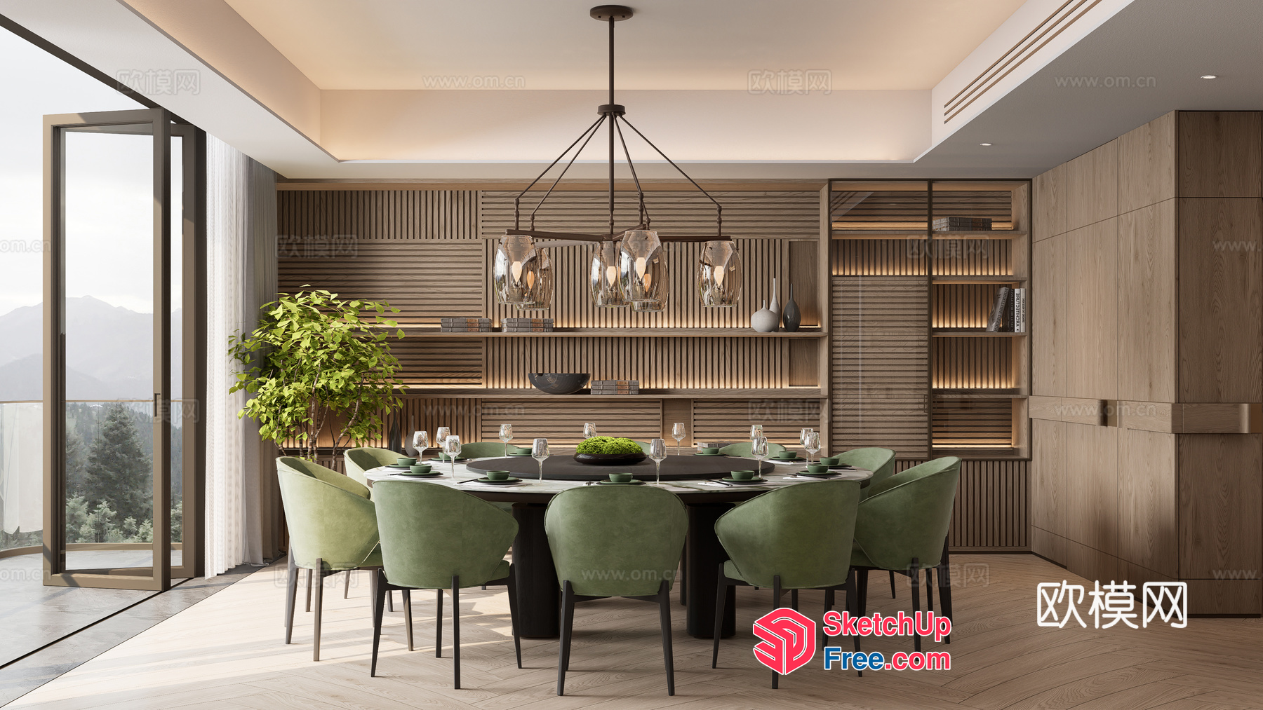 Elegant Dining Room With Large Table And Green Chairs 3D SketchUp File