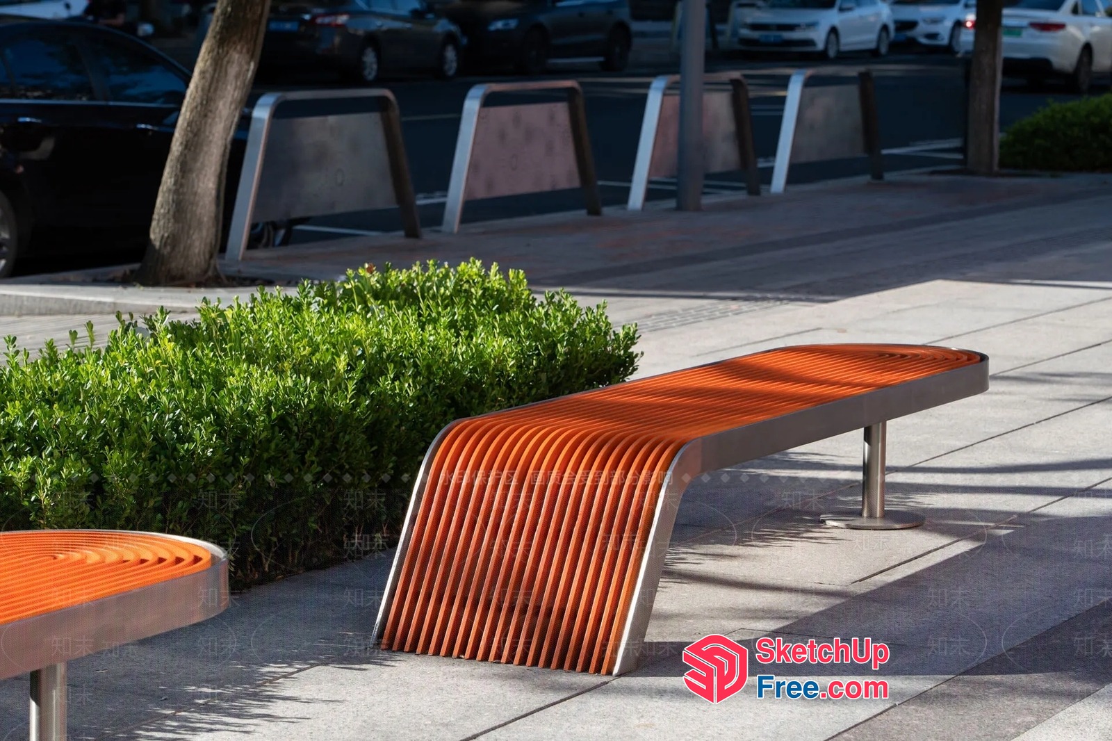 Curved Wooden Bench In Urban Setting 3D SketchUp File