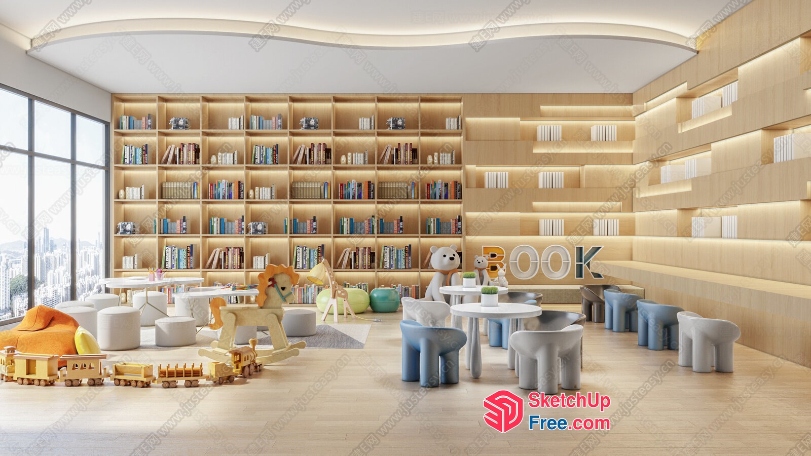 Modern Library With Animal-Shaped Furniture And Bookshelves 3D SketchUp File