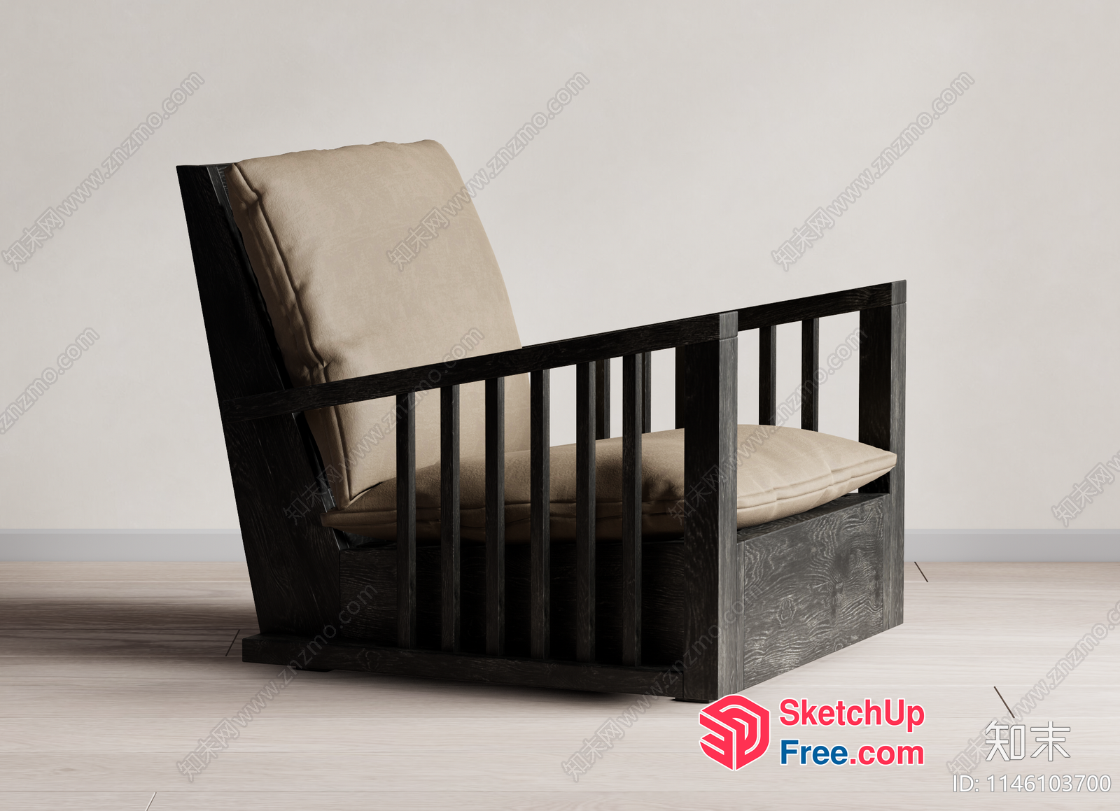 Japanese Style Armchair With Beige Cushions And Dark Wood Frame 3D SketchUp File