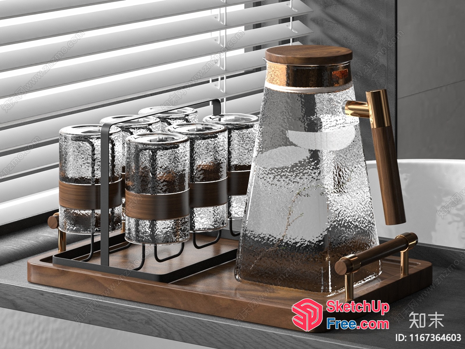 Modern Glassware Set On Wooden Tray 3D SketchUp File
