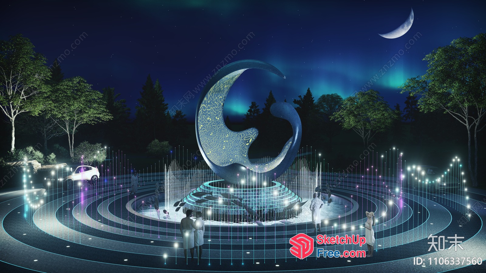 Futuristic Sculpture Park Illuminated At Night 3D SketchUp File