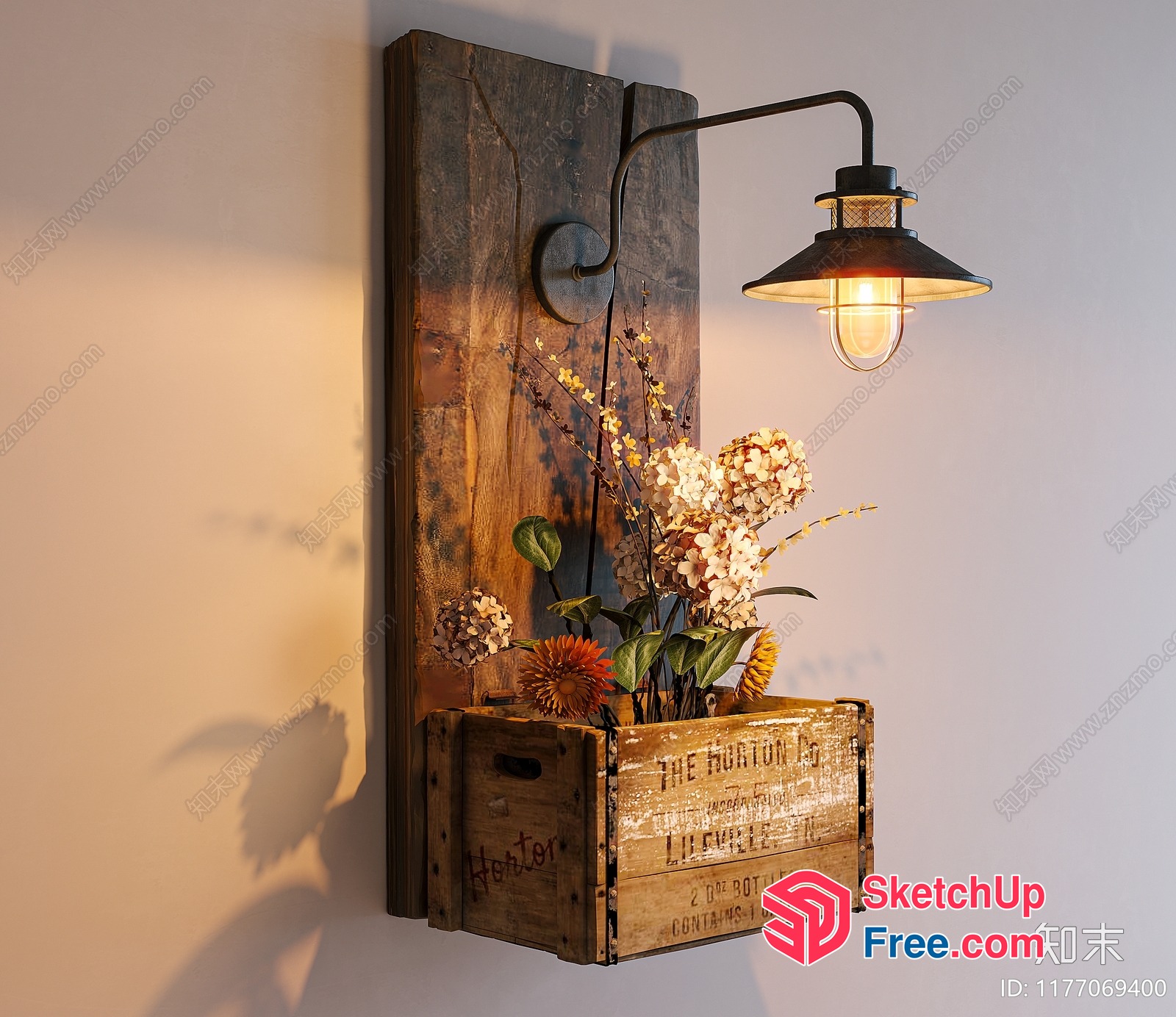 Rustic Wooden Wall Sconce With Vintage-Style Flower Box 3D SketchUp File