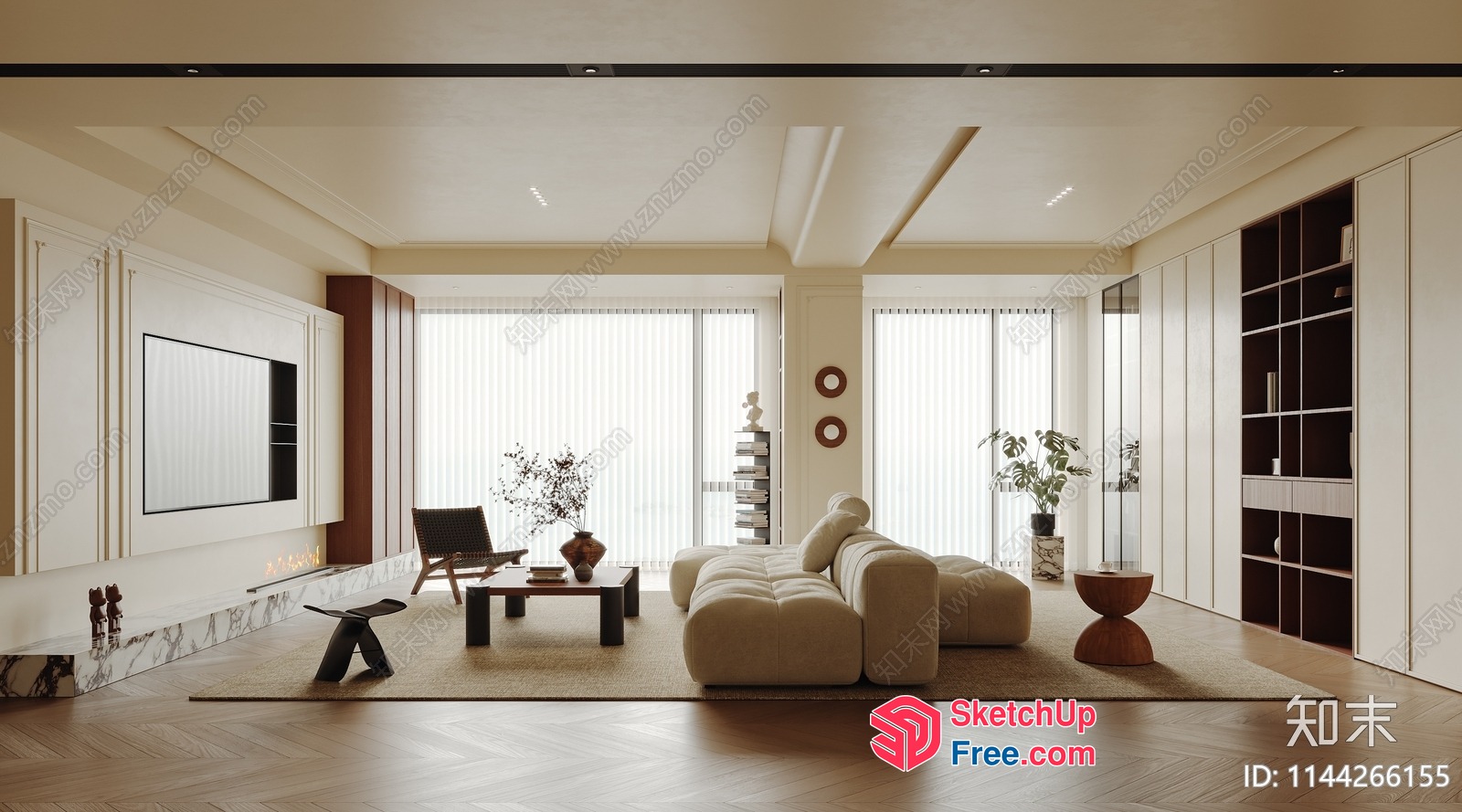 Modern Minimalist Living Room With Creamy Style Furniture 3D SketchUp File