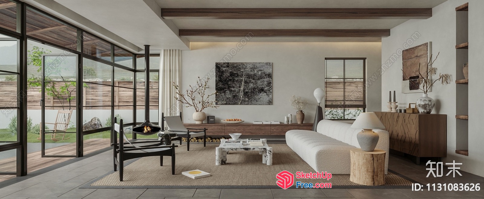 Modern Japanese-Inspired Living Room With Natural Elements 3D SketchUp File