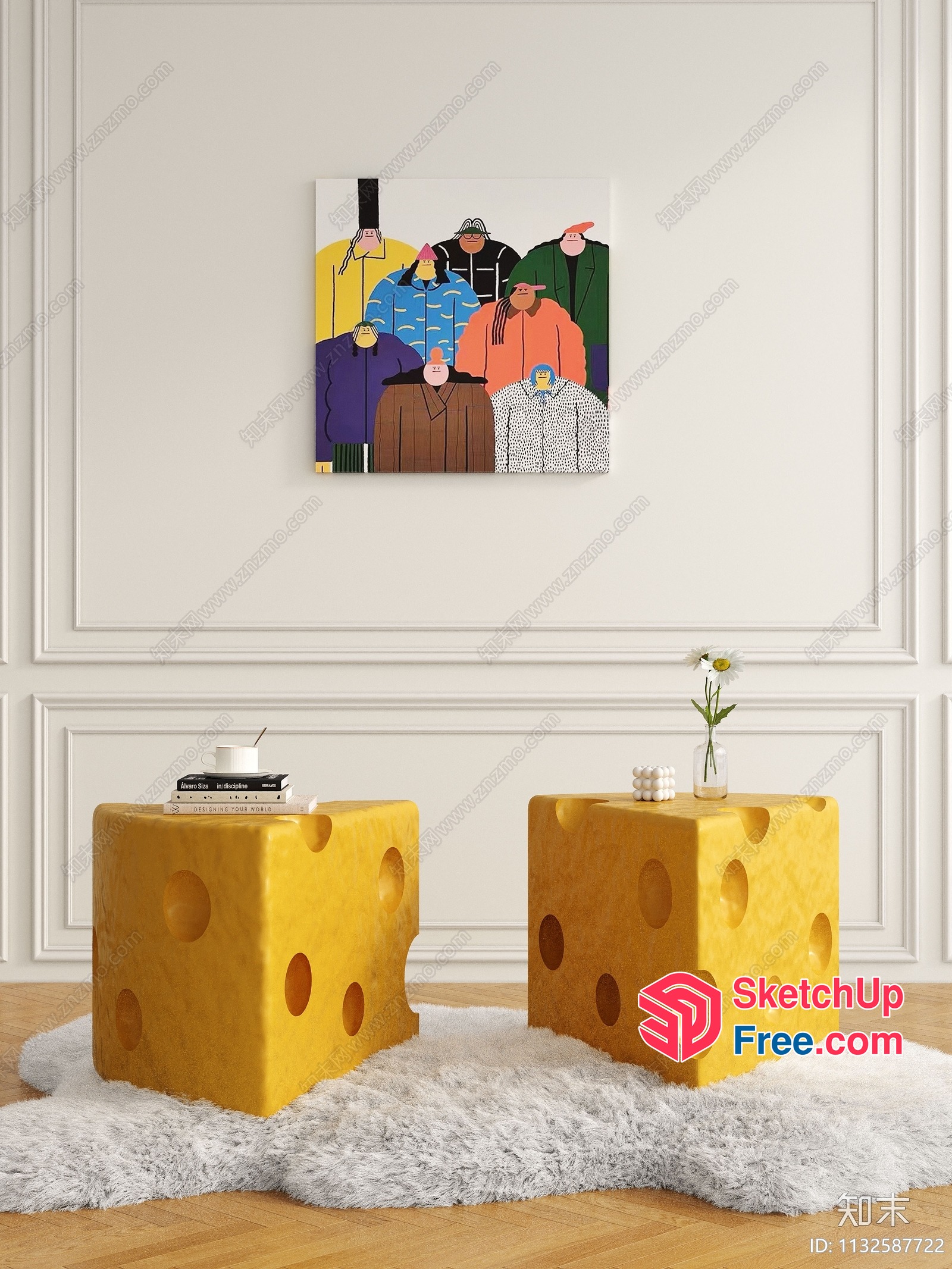 Two Yellow Cheese Cube Tables With A Group Of People In The Background 3D SketchUp File