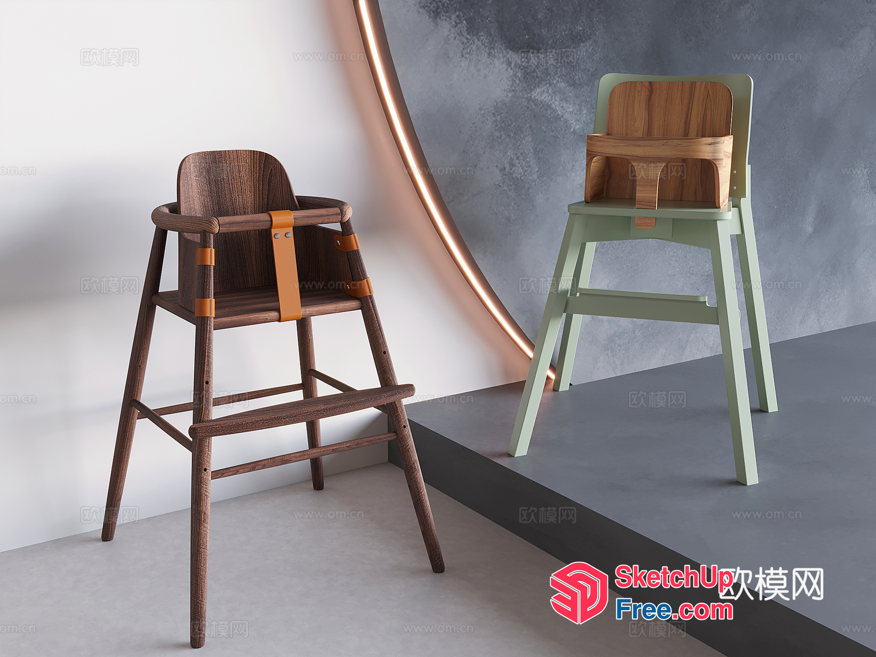 Wooden High Chair With Leather Straps And Green High Chair 3D SketchUp File