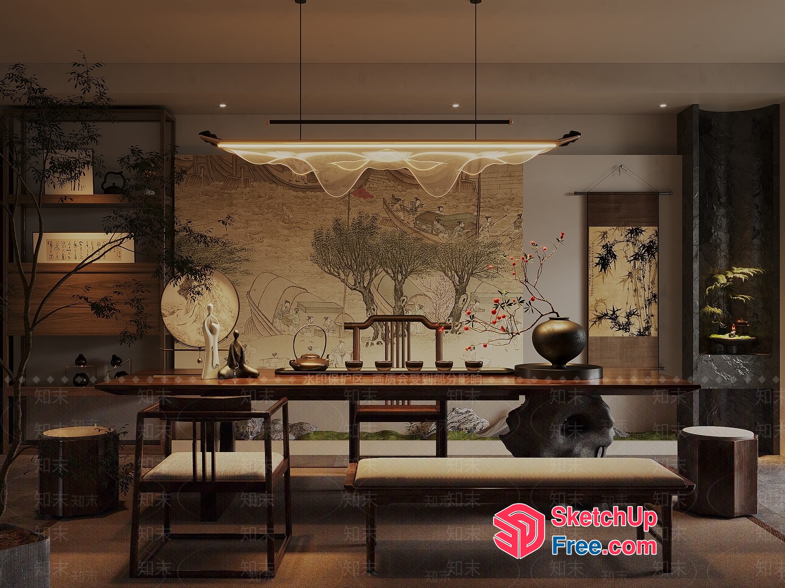 Elegant Asian-Inspired Dining Room With Artistic Light Fixture 3D SketchUp File