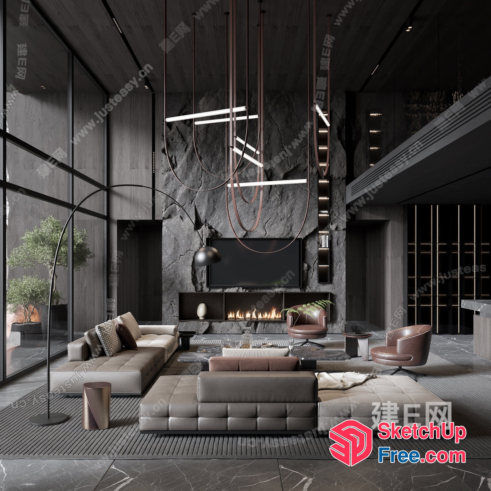 Modern Minimalist Living Room With Natural Stone Fireplace 3D SketchUp File