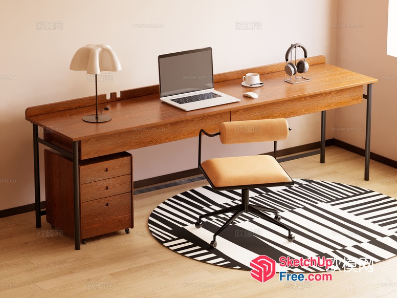 Modern Office Desk With Laptop And Headphones 3D SketchUp File