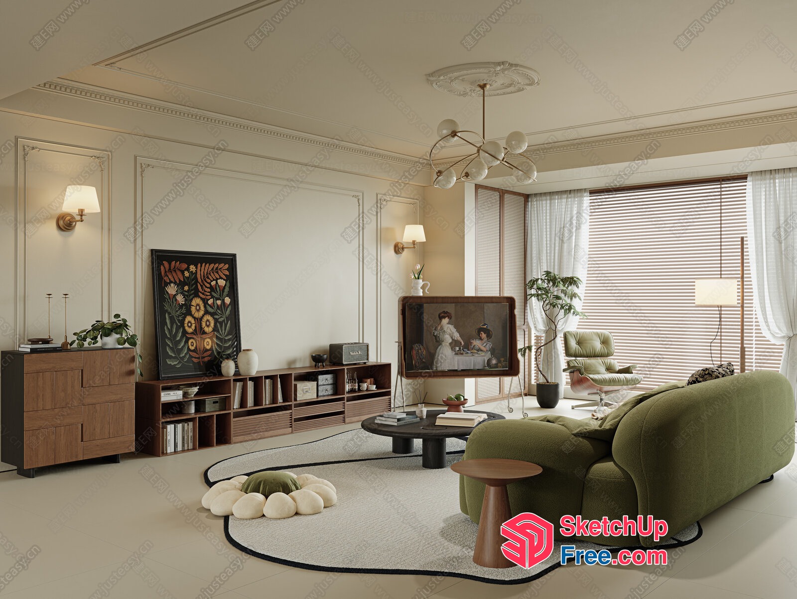 Elegant Living Room With Vintage Style And Green Accents 3D SketchUp File