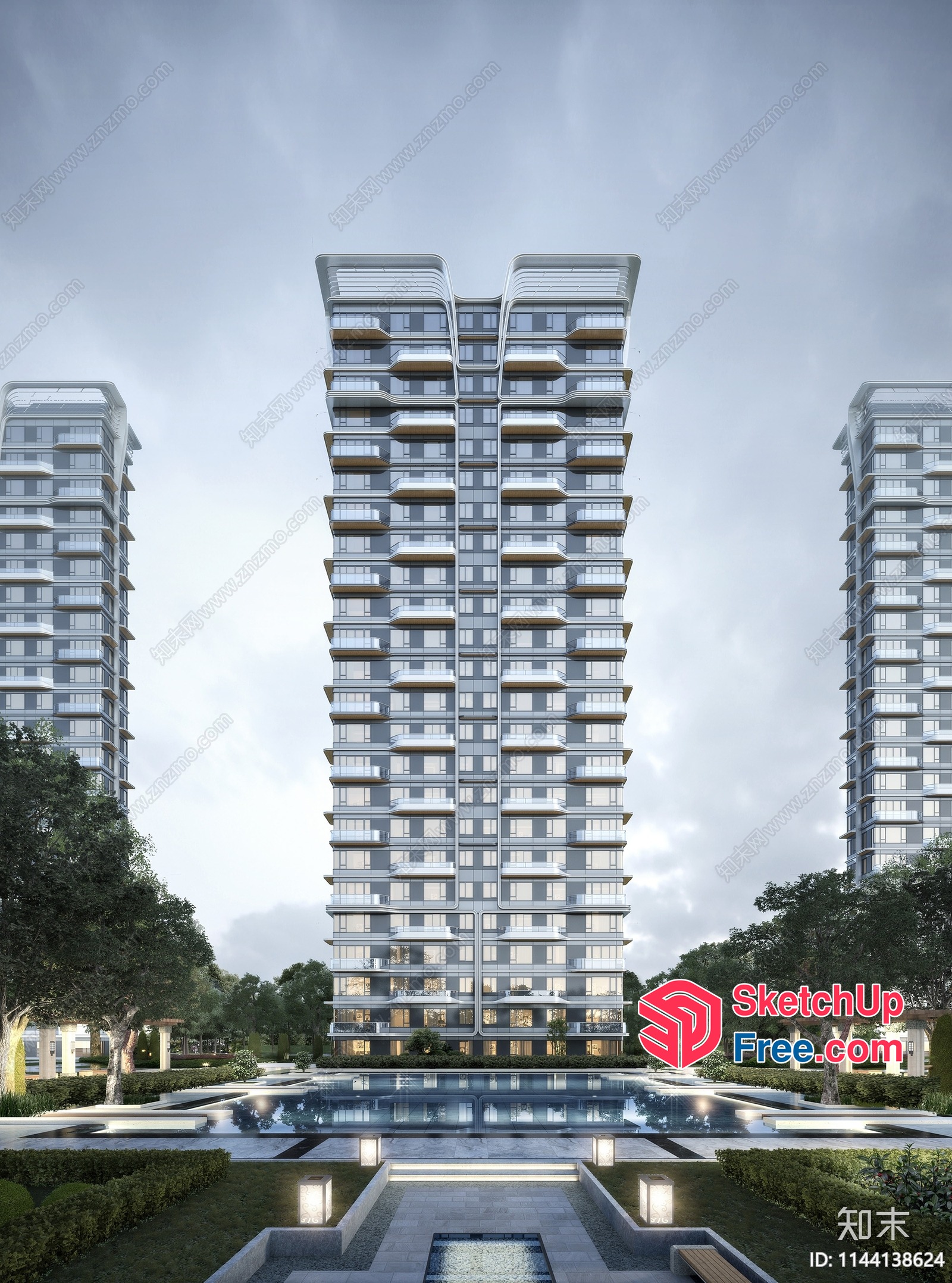 Modern High-Rise Buildings With Glass Curtain Walls And Balconies 3D SketchUp File