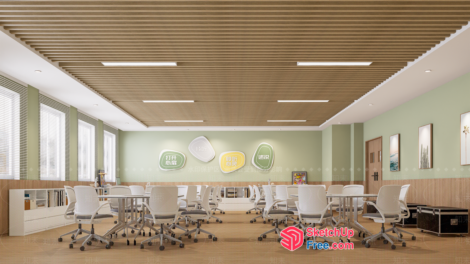 Modern Office Meeting Room With White Furniture And Natural Wood Accents 3D SketchUp File