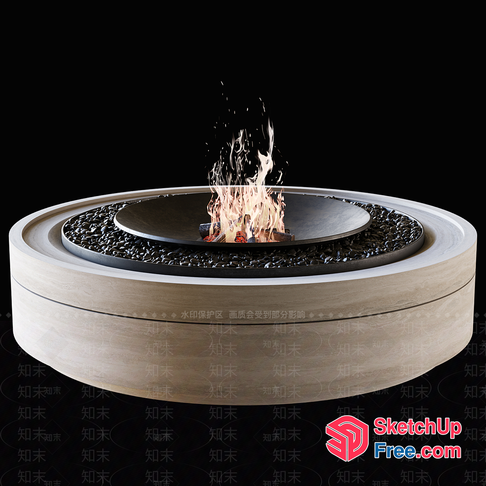Modern Outdoor Fire Pit With Decorative Stones And Flames 3D SketchUp File