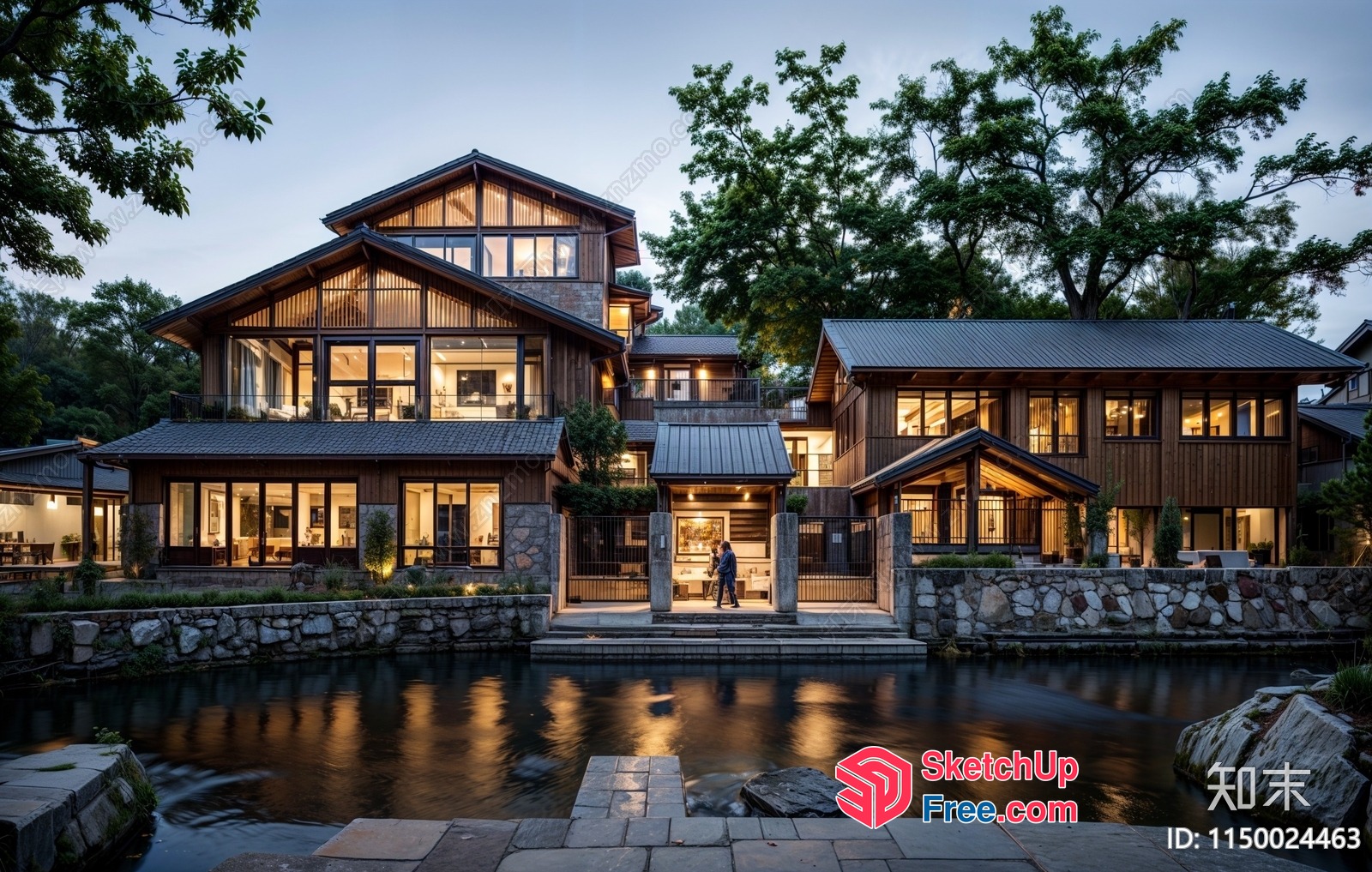 Elegant Rustic Wood Villa With Pond And Stone Walls 3D SketchUp File