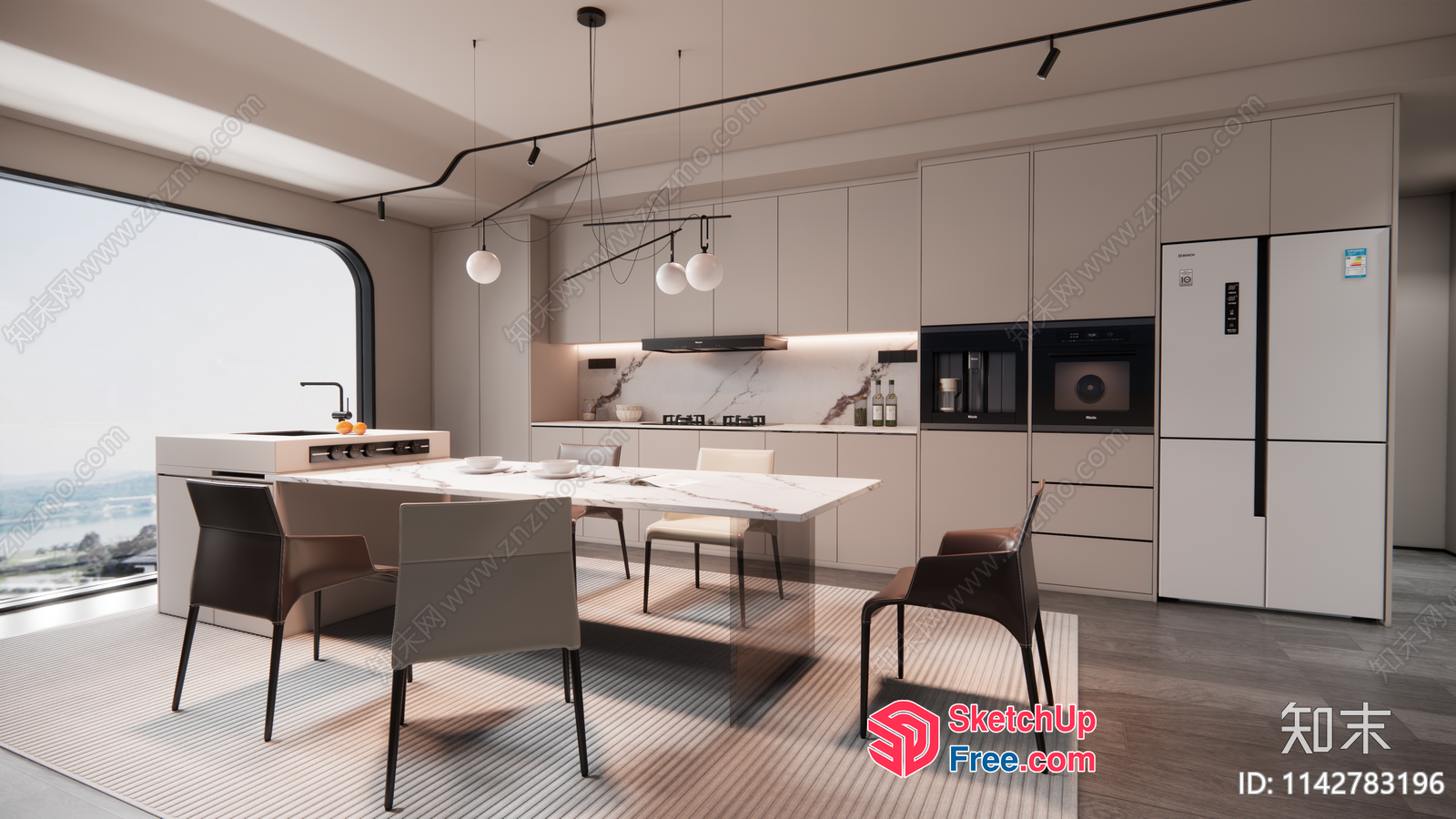 Modern Minimalist Kitchen With Dining Area And Large Window 3D SketchUp File
