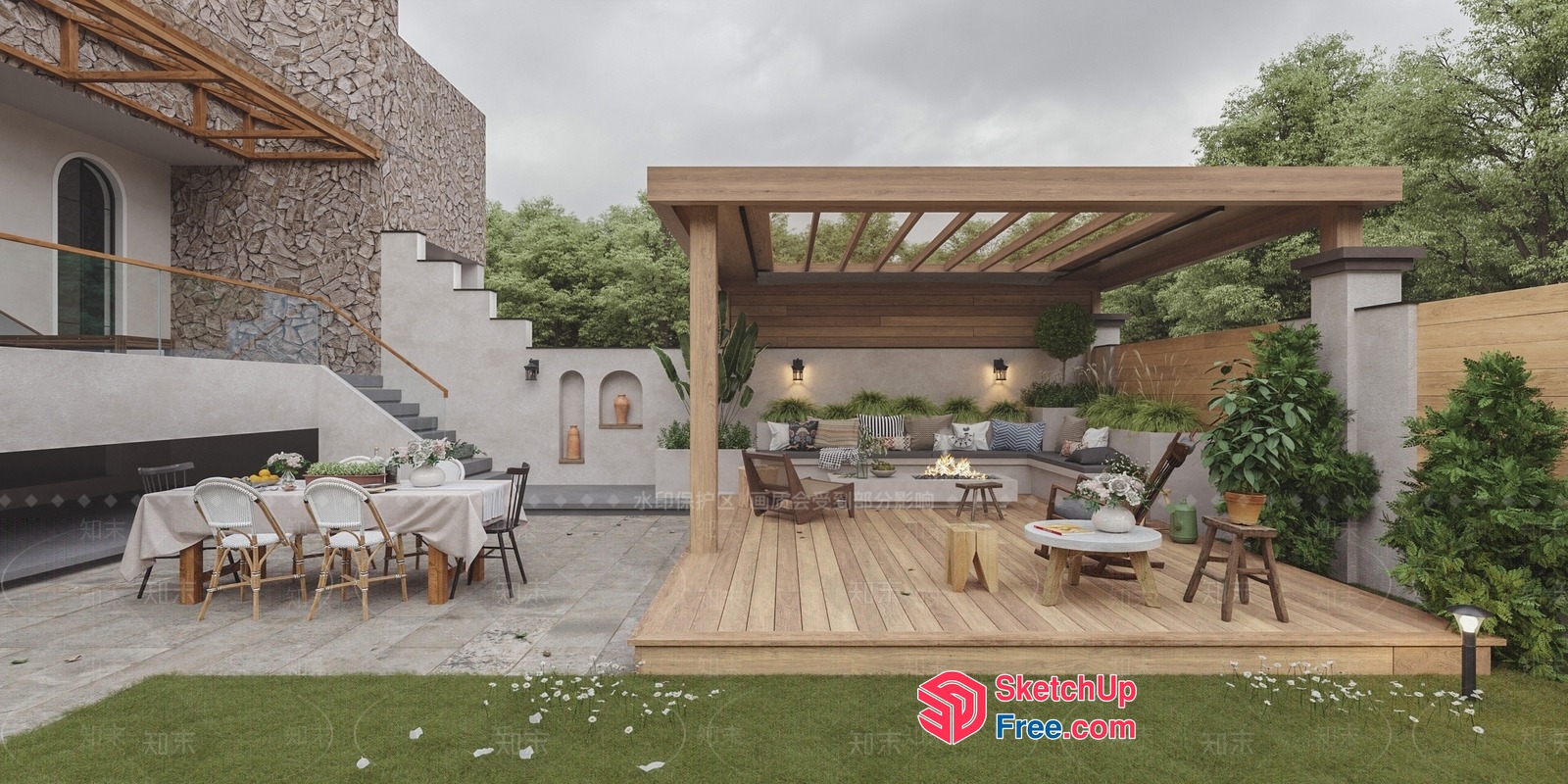 Elegant Outdoor Living Space With Wooden Deck And Fireplace 3D SketchUp File