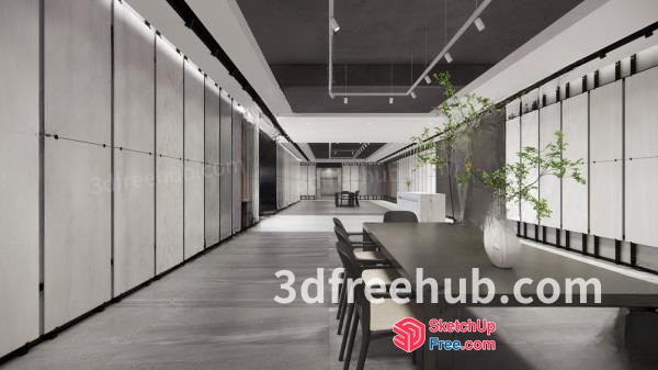 Minimalist Office Interior With Long Hallway And Desk 3D SketchUp File