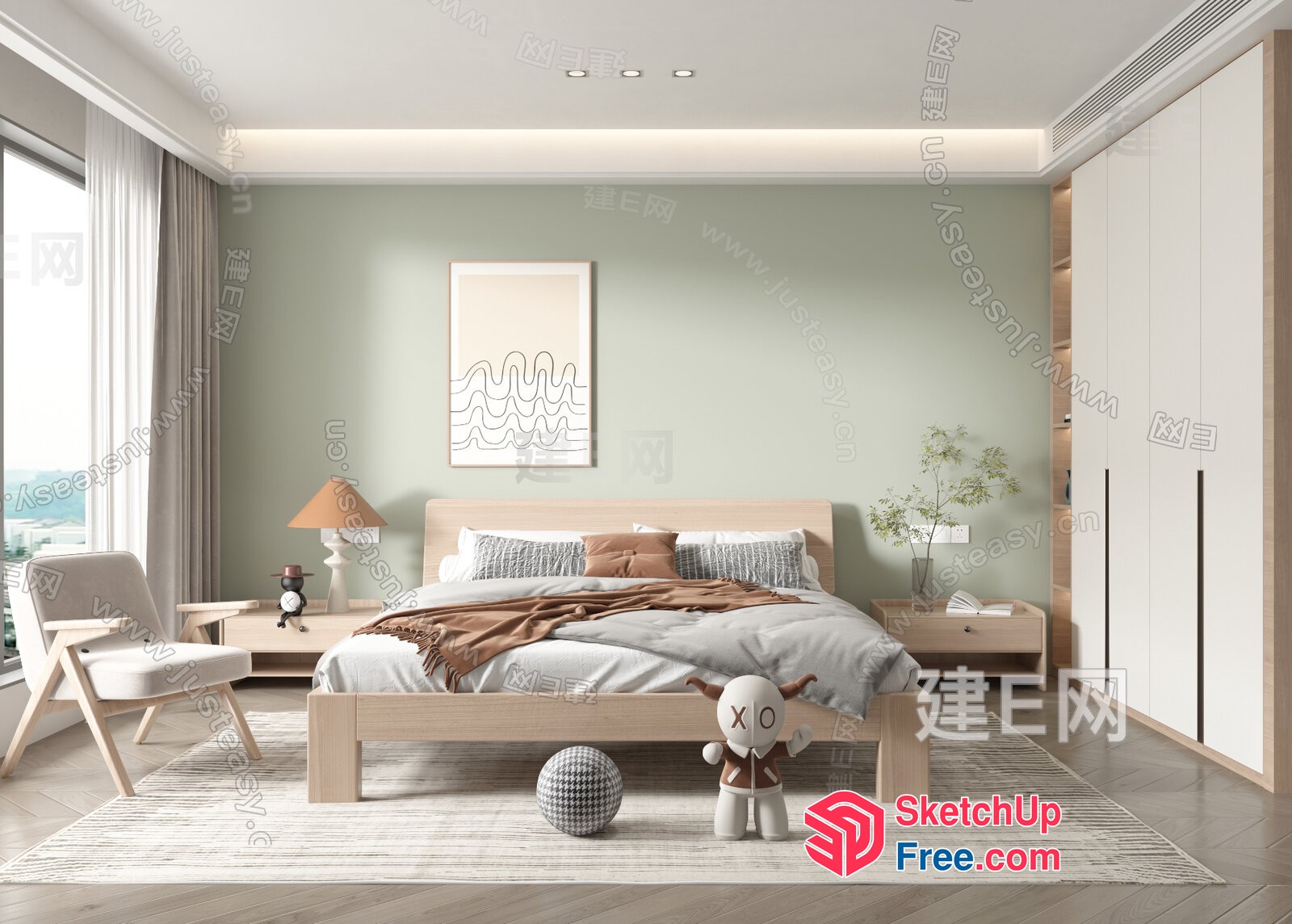 Minimalist Japanese Style Bedroom With Soft Green Walls 3D SketchUp File