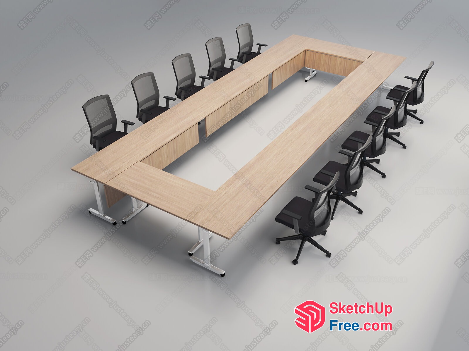 Long Conference Table With Black Chairs And Wood Paneling 3D SketchUp File