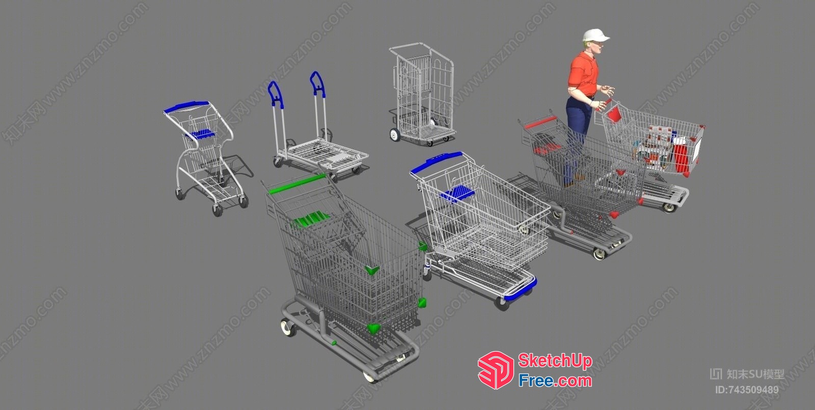 Shopping Cart Models And Worker In Various Positions 3D SketchUp File