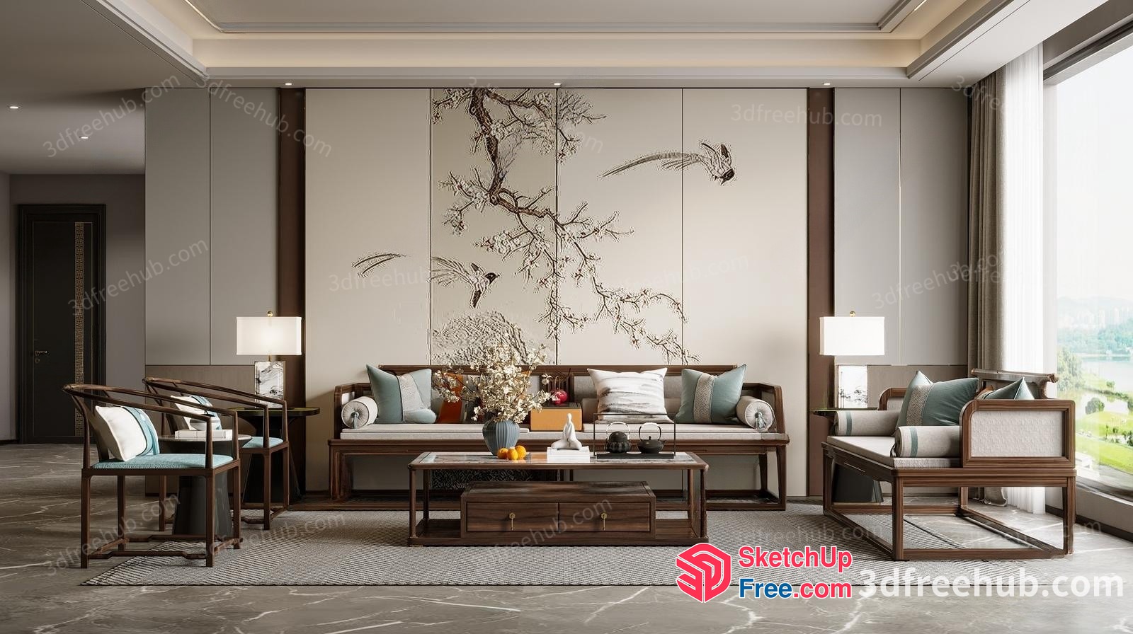 Elegant Living Room With A Serene Asian-Inspired Ambiance 3D SketchUp File