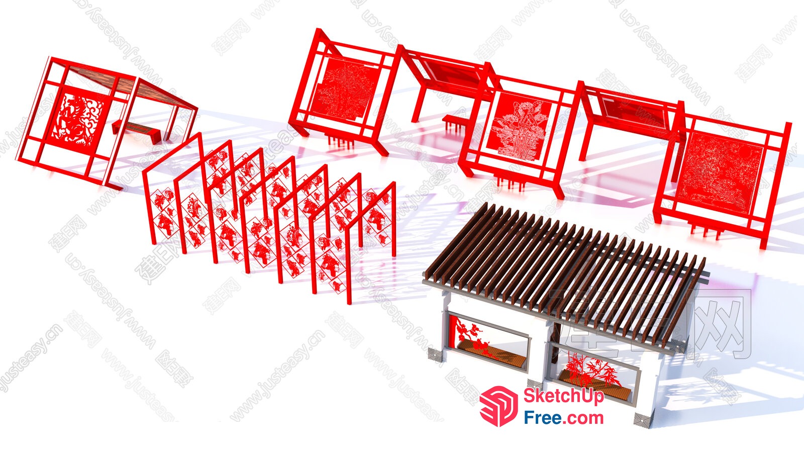 Traditional Chinese Pavilion With Ornate Red Decor 3D SketchUp File