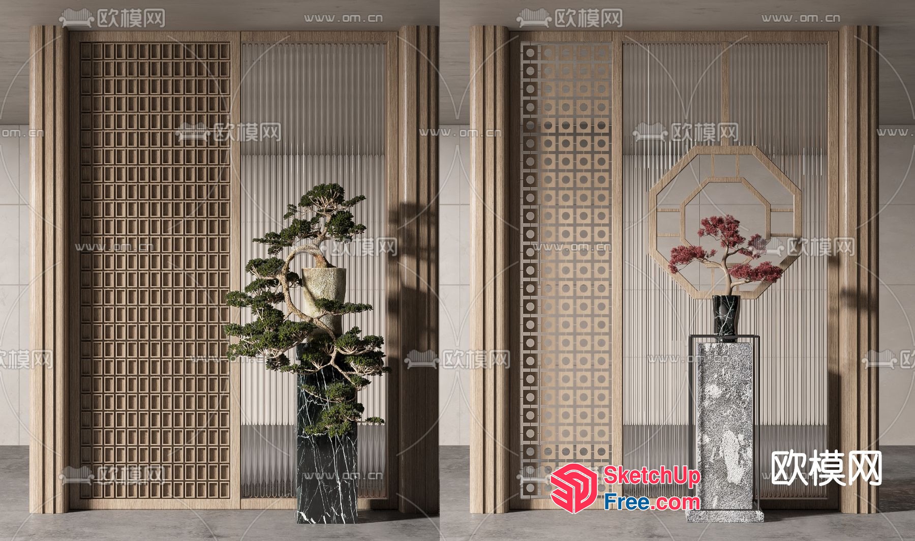 Asian-Inspired Partition Screen With Elegant Decorations 3D SketchUp File