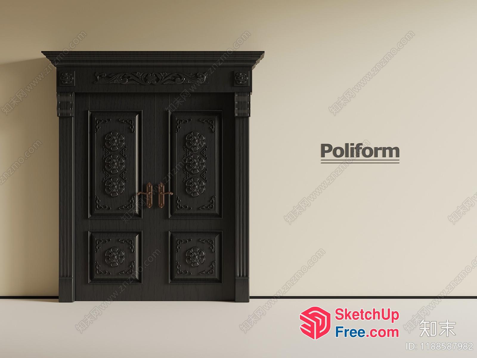 Elegant Black Door With Ornate Carvings And Gold Handles 3D SketchUp File