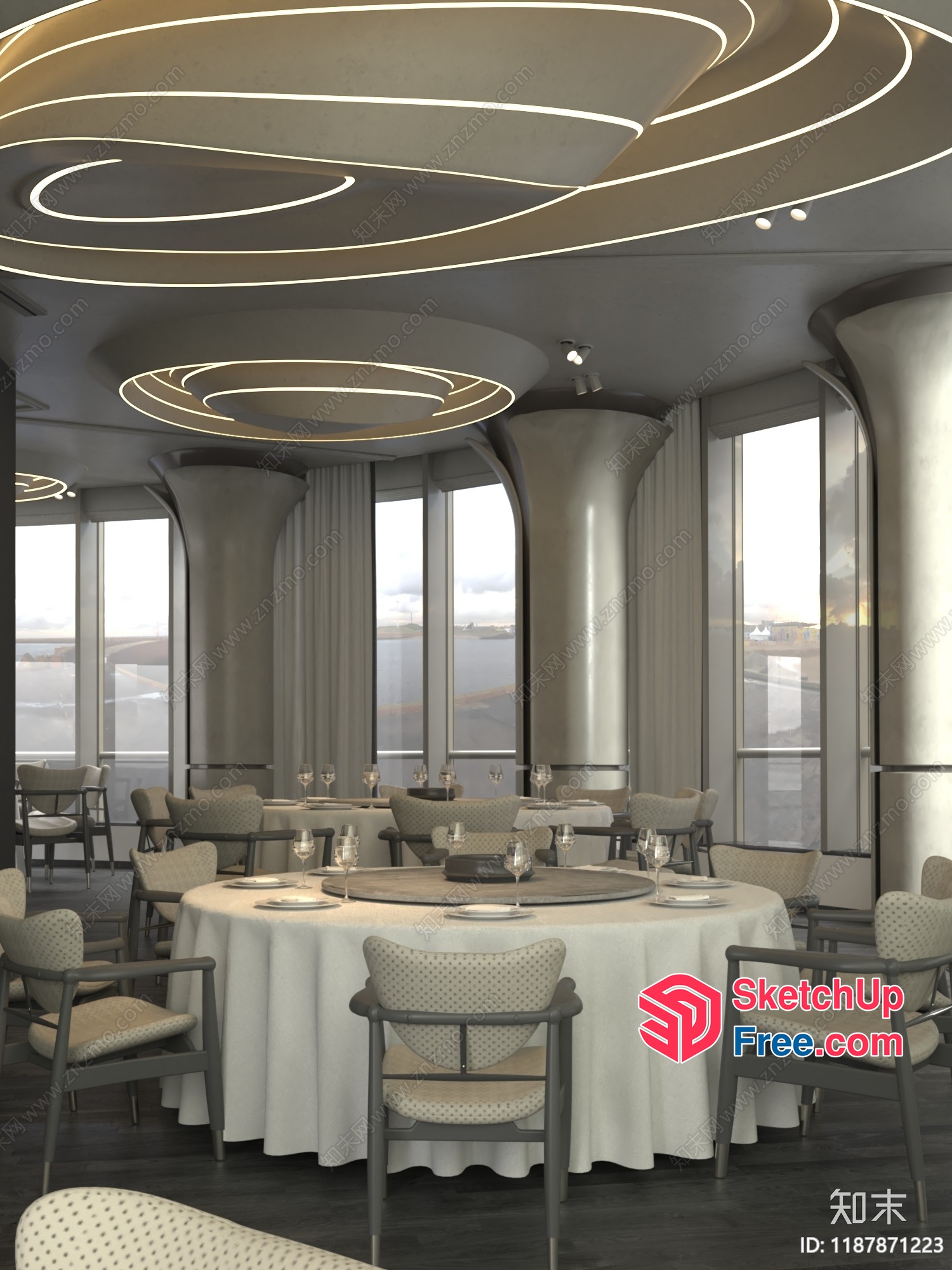 Elegant Modern Dining Room With Circular Lighting And Large Windows 3D SketchUp File