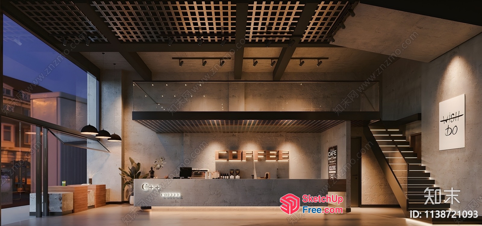 Modern Coffee Shop Interior With Staircase And Large Windows 3D SketchUp File