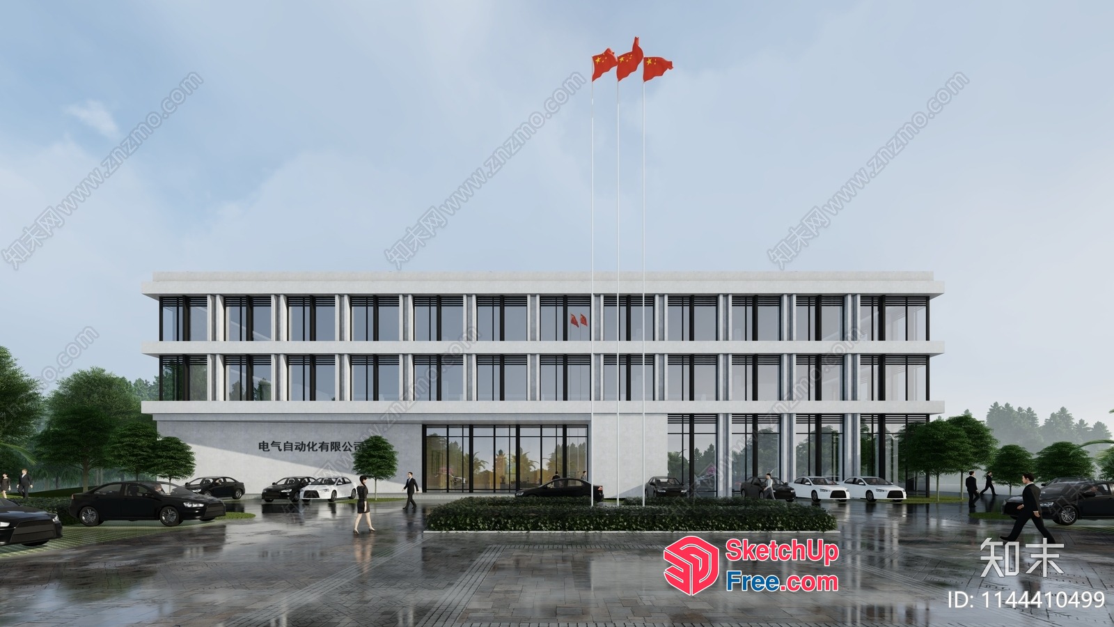Modern Office Building With Glass Curtain Wall And Pillars 3D SketchUp File