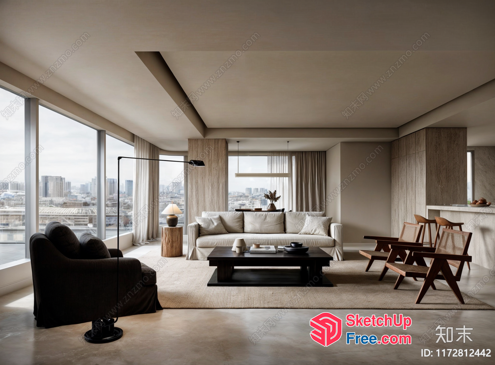 Modern Minimalist Living Room With City View 3D SketchUp File