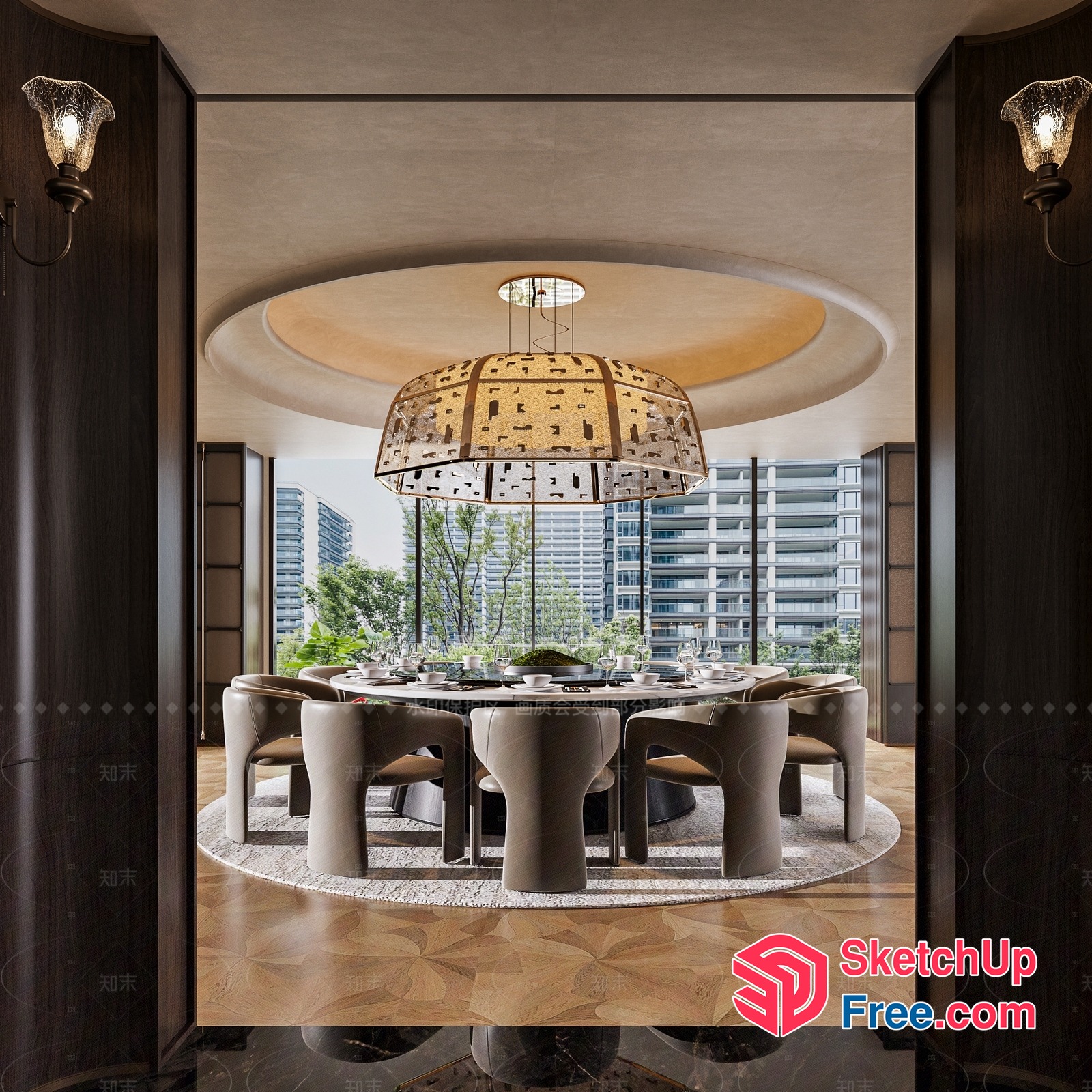 Modern Round Dining Table And Chairs With City View 3D SketchUp File