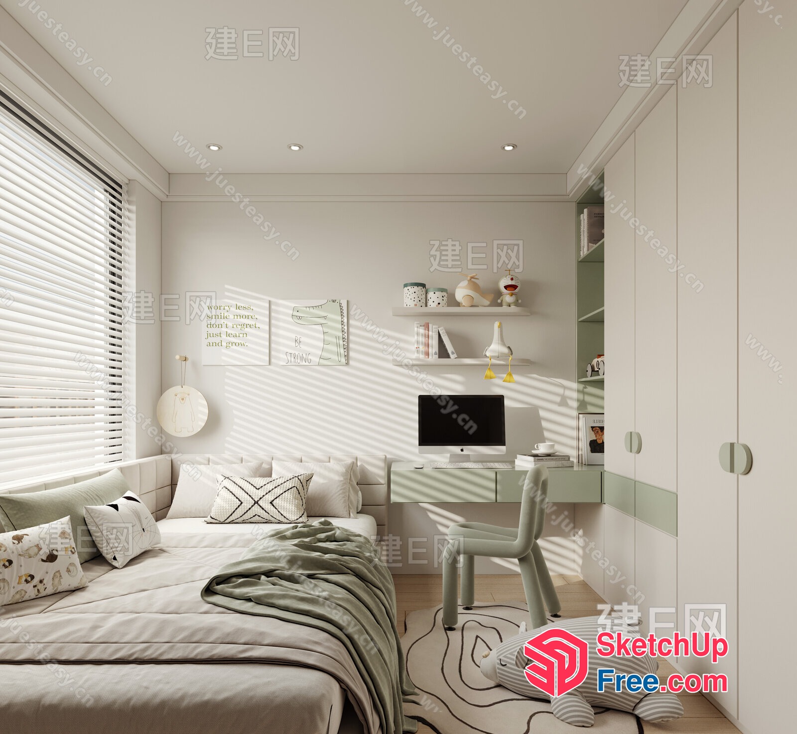 Minimalist White And Green Bedroom With Sleek Decor 3D SketchUp File