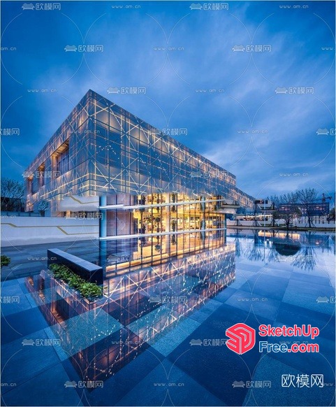 Modern Glass And Steel Building With Reflective Pool 3D SketchUp File