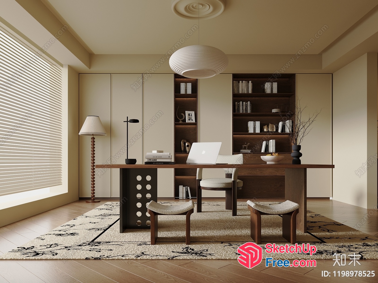Minimalist Office Decor With Creamy Style And Pillar 3D SketchUp File