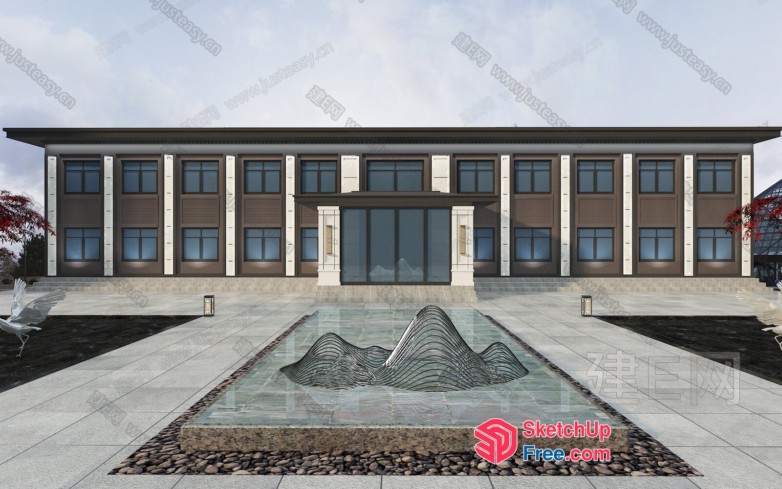 Modern Building With Unique Water Sculpture Feature 3D SketchUp File