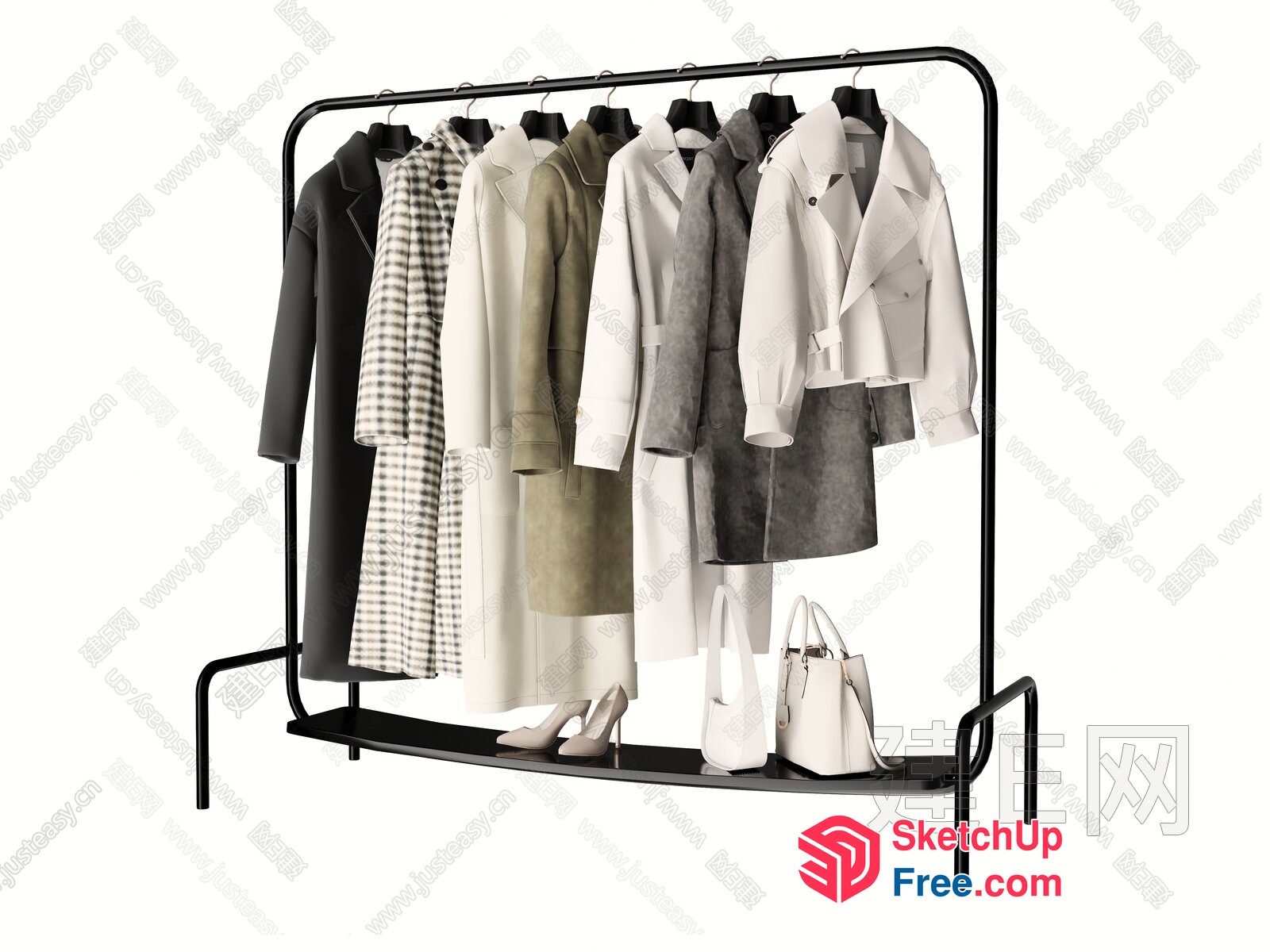 Modern Black Metal Clothing Rack With Hanging Garments And Accessories 3D SketchUp File