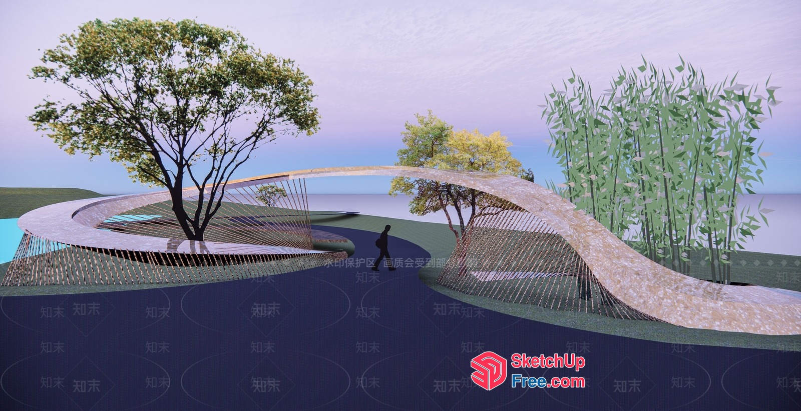 Curved Bridge With Tree And Plant Decorations 3D SketchUp File