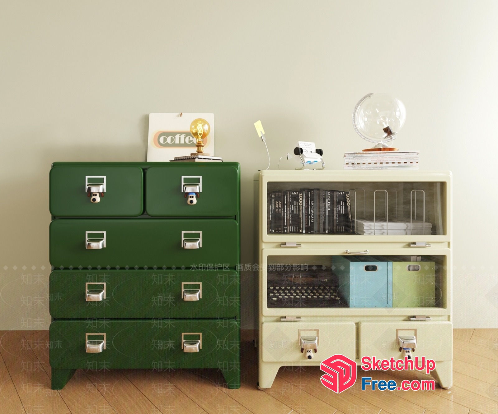 Modern Storage Furniture With Green And Creamy Colors 3D SketchUp File