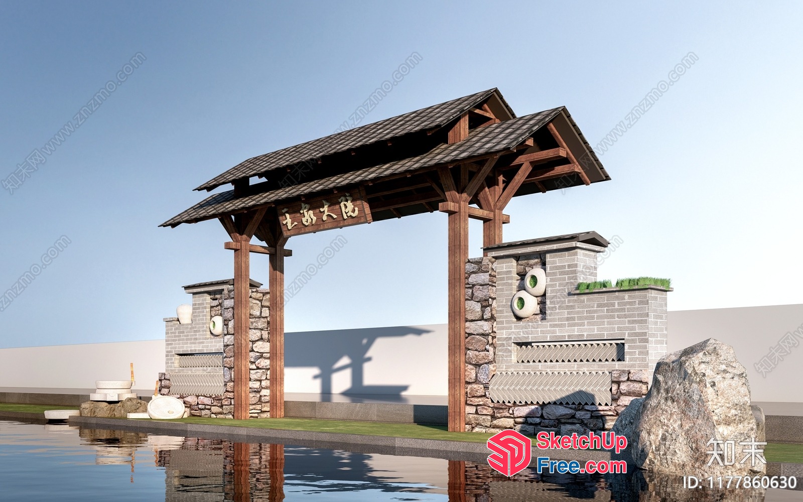 Asian-Inspired Exterior Entrance With Pillars 3D SketchUp File