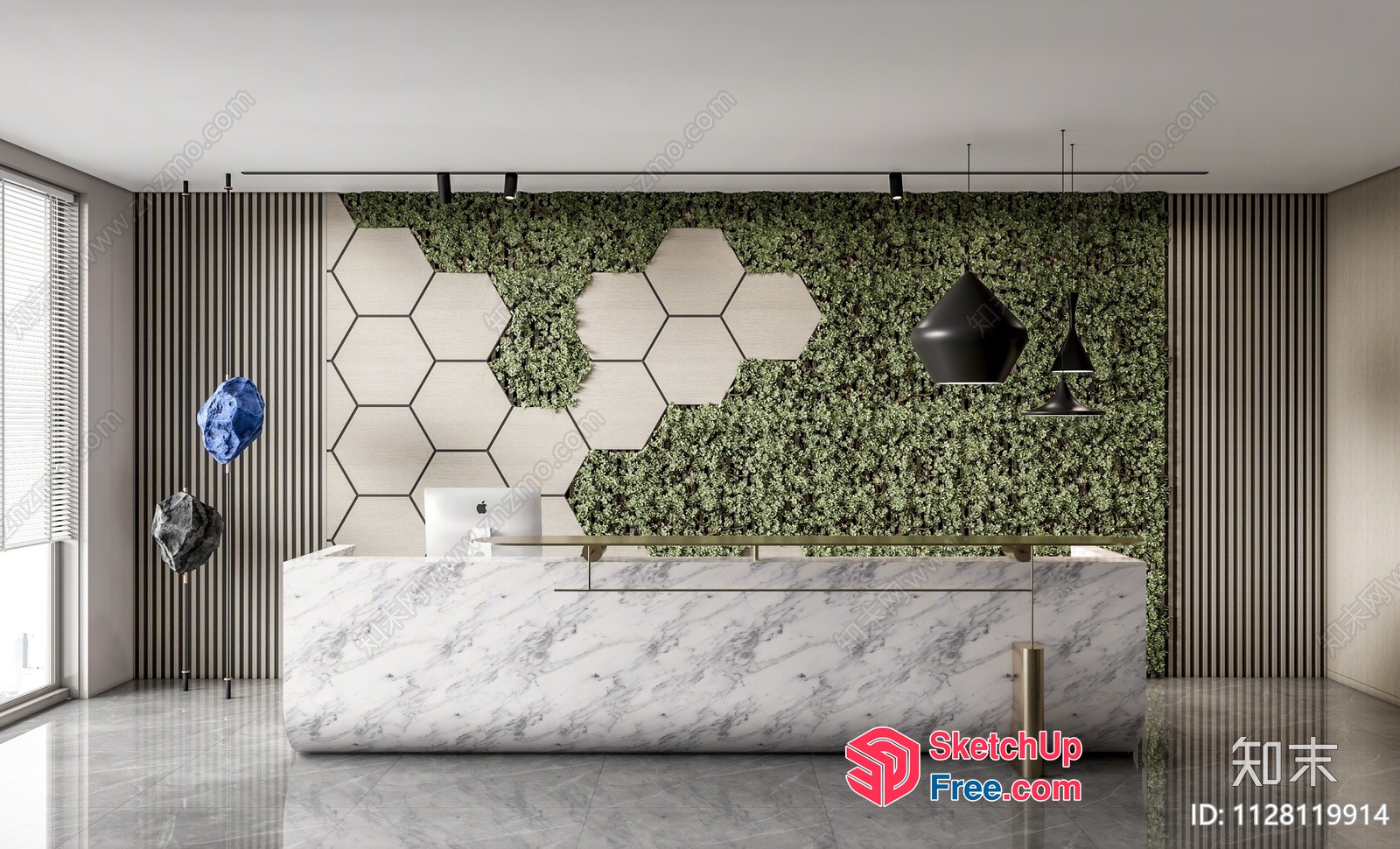 Modern Reception Desk With Marble And Greenery 3D SketchUp File