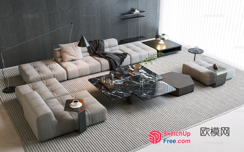 Modern Living Room Interior With Gray And White Color Scheme 3D SketchUp File