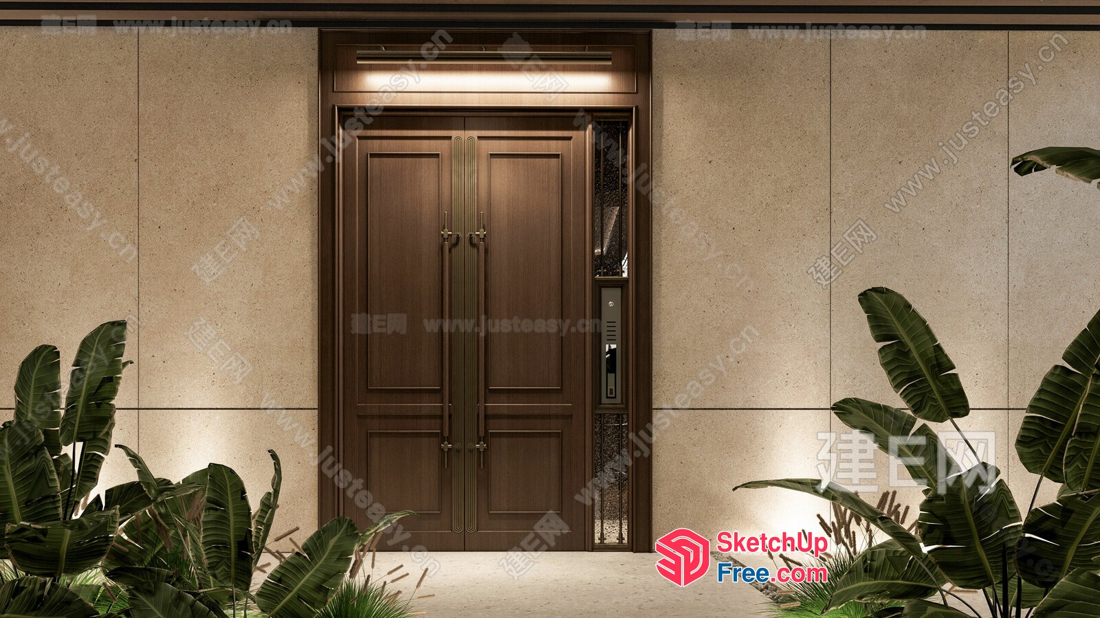 Elegant Double Door Entrance With Modern Light Fixture 3D SketchUp File