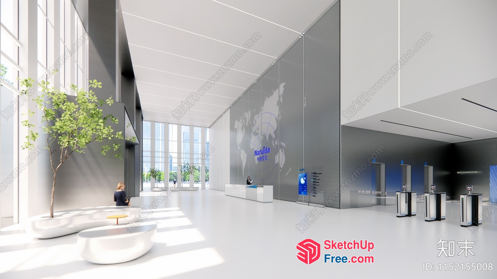 Modern Office Lobby With Glass Curtain Wall And Pillars 3D SketchUp File