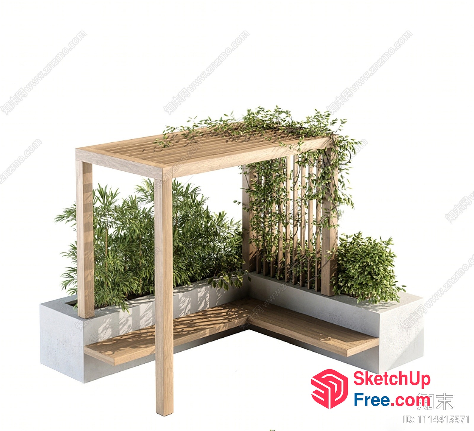 Outdoor Pergola With Lush Greenery And Wooden Accents 3D SketchUp File