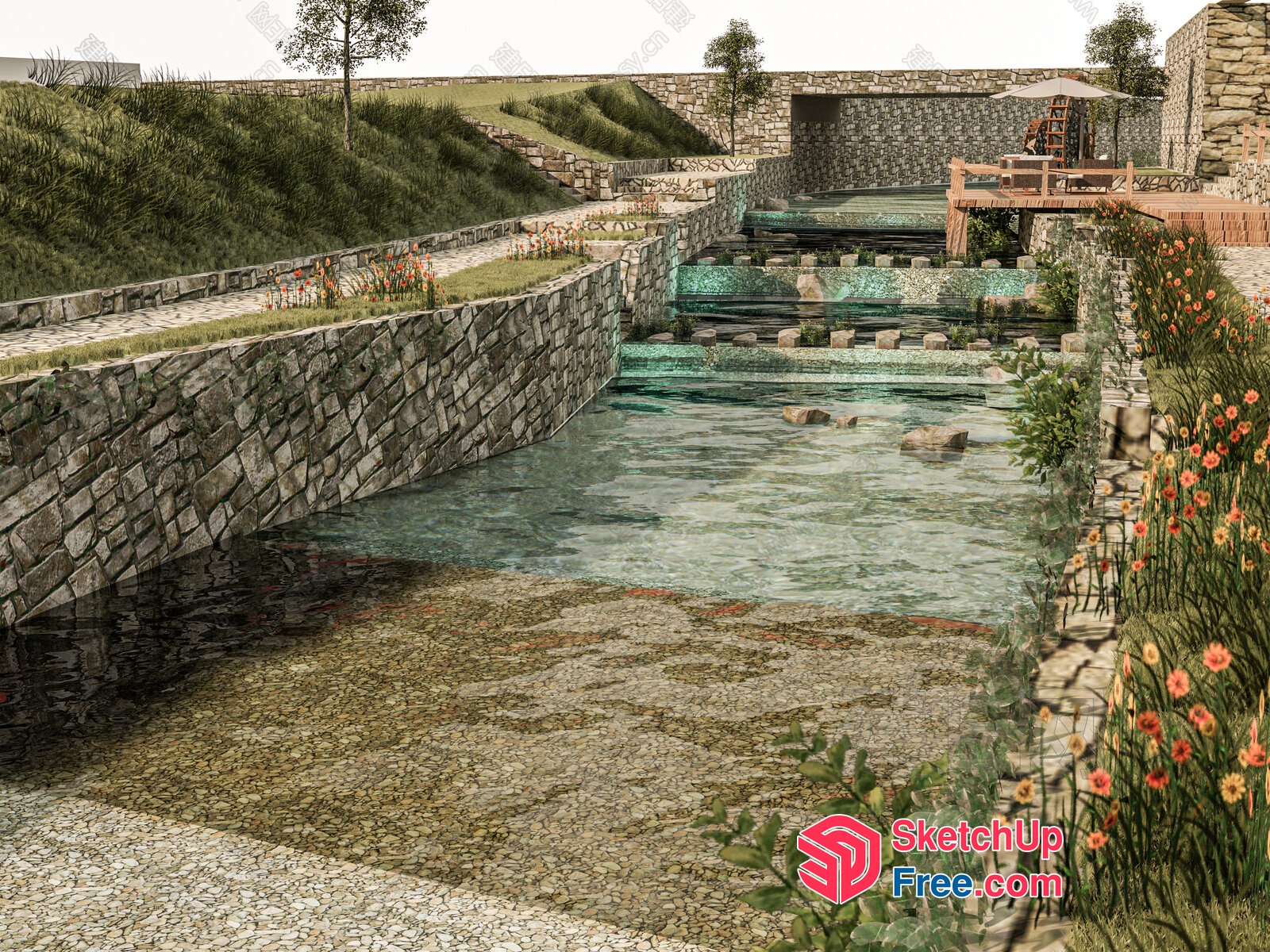 Natural Stone Waterfall Pool 3D SketchUp File